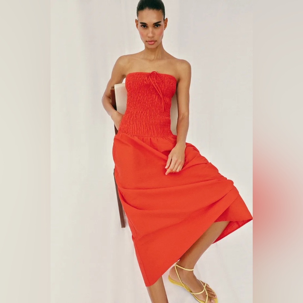 ZARA SMOCKED MIDI DRESS - Picture 13 of 16